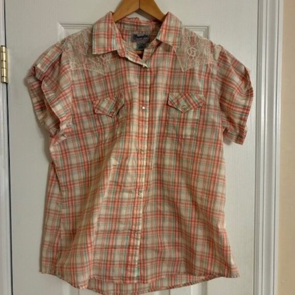 Wrangler Women's Peach Plaid Lace Pearl Snap Buttons Western Country Shirt XL - Picture 1 of 9